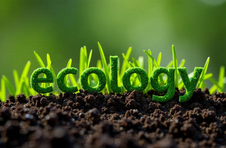AI Generative The description Ecology on the ground with grass and young sprouts. Environmental protectionの素材