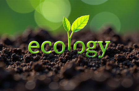 AI Generative The description Ecology on the ground with grass and young sprouts. Environmental protectionの素材