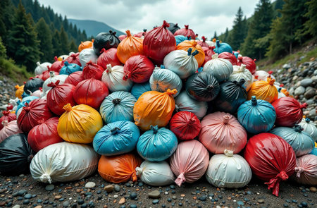 AI Generative Household waste landfill, plastic bags with garbage dumpの素材