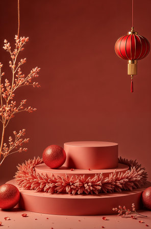 AI Generative Podium for cosmetic products on a red background, free space for goodsの素材