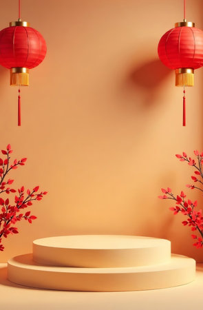 AI Generative Podium for cosmetic products on a beige background, free space for goodsの素材