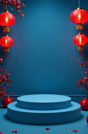 AI Generative Podium for cosmetic products on a blue background, free space for goodsの素材