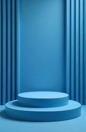 AI Generative Podium for cosmetic products on a blue background, free space for goodsの素材