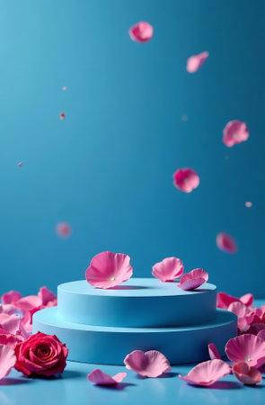 AI Generative Podium for cosmetic products on a blue background, free space for goodsの素材