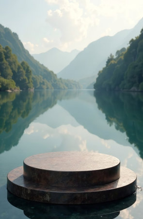 AI Generative Podium for cosmetic products on mountains background, free space for goodsの素材