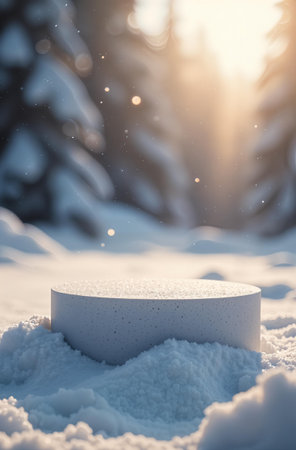 Ice product Presentation Podium on table, winter Advertising Stand with Empty Space for Product. AI-generatedの素材