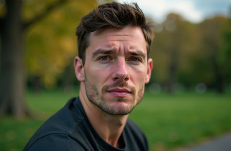 AI Generative Attractive young man standing in summer park, close-up portraitの素材