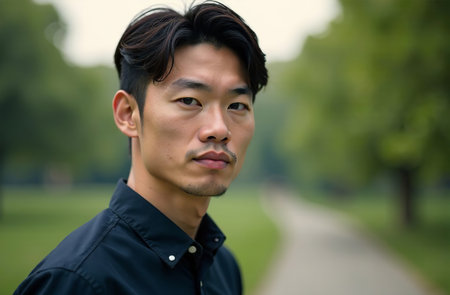 AI Generative Attractive young man standing in summer park, close-up portraitの素材