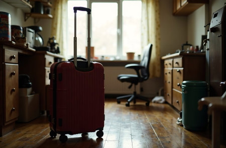 AI Generative Suitcase packed for the trip stands in the apartment against the background of the bedroom interiorの素材