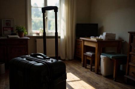 AI Generative Suitcase packed for the trip stands in the apartment against the background of the bedroom interiorの素材