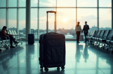 AI Generative Suitcase are standing at the airport against the background people looking out the window, waiting for departureの素材