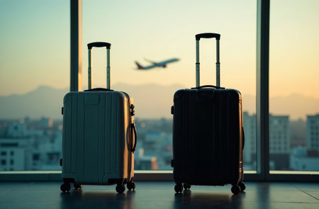 AI Generative Two suitcases are standing at the airport against the background of a plane taking off, waiting for departureの素材