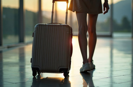 AI Generative Woman rolling luggage suitcase on wheels at airport, departure by plane on a tripの素材