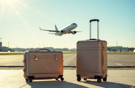 AI Generative Two suitcases are standing at the airport against the background of a plane taking off, waiting for departureの素材
