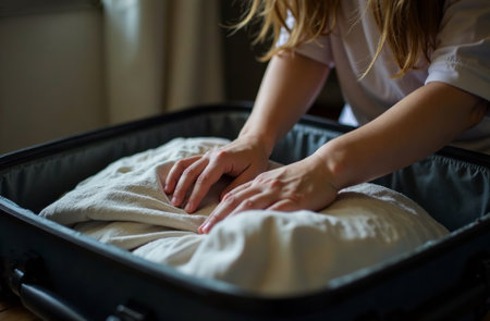 AI Generative Person packs a suitcase for a trip, clothes are in the luggageの素材