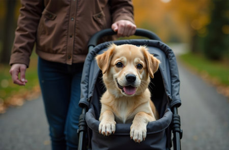 AI Generative Woman carrying pet in stroller, dog walking outside sitting in carriageの素材