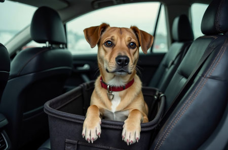 AI Generative Dog sitting in carrier in back seat of car, traveling by car with petの素材