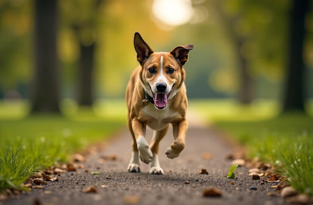 AI Generative Dog walking in park, pet running along path in nature, cute animal faceの素材