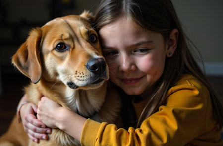 AI Generative Child hugging pet, friendship of dog and kid, dark backgroundの素材