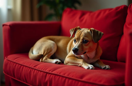 AI Generative Dog lying on red sofa at home, pet resting, interior inside the houseの素材