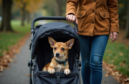 AI Generative Woman carrying pet in stroller, dog walking outside sitting in carriageの素材