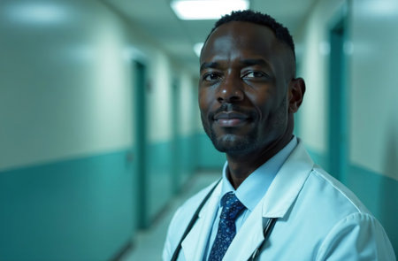 AI-Generated Portrait of male Doctor on the Background of corridor hallway in Hospitalの素材