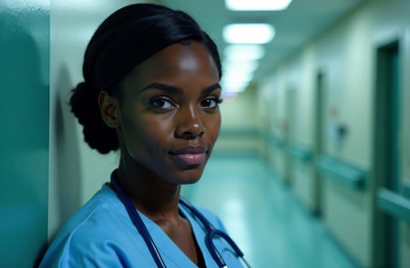 AI-Generated Portrait of Female Doctor on the Background of corridor hallway in Hospitalの素材