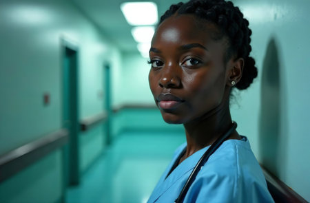 AI-Generated Portrait of Female Doctor on the Background of corridor hallway in Hospitalの素材