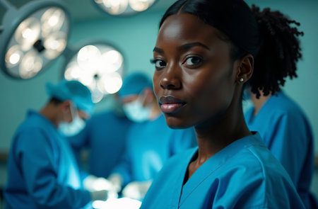 AI-Generated Portrait of Female Doctor on the Background of Operating Room in Hospitalの素材