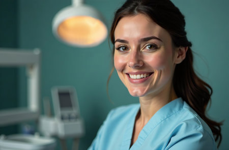 AI-Generated Portrait of female Doctor on the Background of dentist office in Hospitalの素材