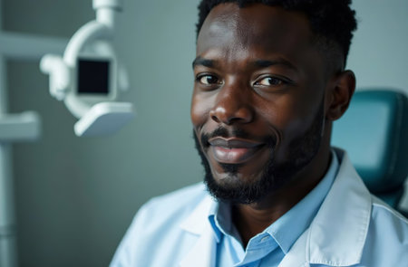 AI-Generated Portrait of male Doctor on the Background of dentist office in Hospitalの素材