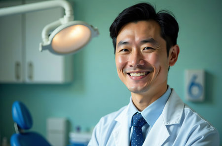 AI-Generated Portrait of male Doctor on the Background of dentist office in Hospitalの素材