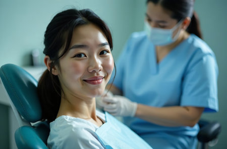 AI-Generated Portrait of female patient on the Background of dentist office in Hospitalの素材