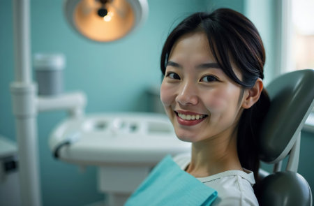 AI-Generated Portrait of female patient on the Background of dentist office in Hospitalの素材