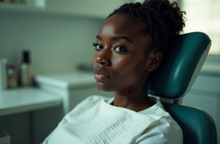 AI-Generated Portrait of female patient on the Background of dentist office in Hospitalの素材