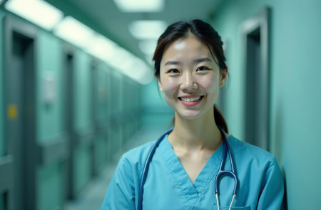 AI-Generated Portrait of Female Doctor on the Background of corridor hallway in Hospitalの素材