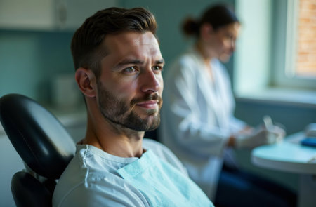 AI-Generated Portrait of male patient on the Background of dentist office in Hospitalの素材