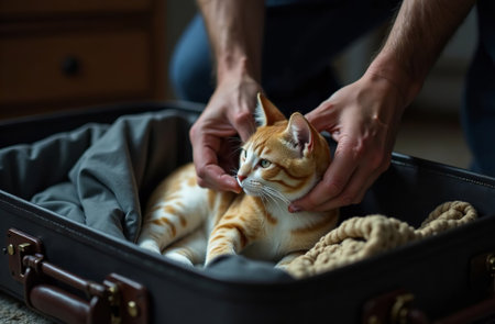 AI Generative Man packing suitcase for trip, cute pet cat lying in luggageの素材
