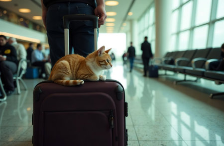AI Generative Cat sitting on suitcase at airport, pet waiting for plane departureの素材
