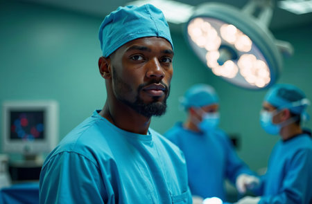 AI-Generated Portrait of male Doctor on the Background of Operating Room in Hospitalの素材