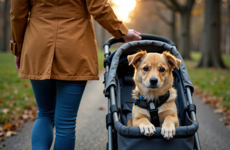 AI Generative Woman carrying pet in stroller, dog walking outside sitting in carriageの素材