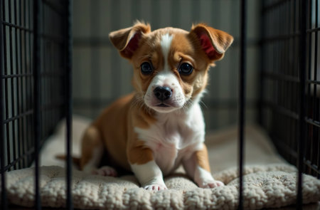 AI Generative Small dog sitting in cage, puppy in kennel, pet carrierの素材