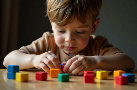 AI Generative Child playing with children's toy cubic blocks in the playroomの素材