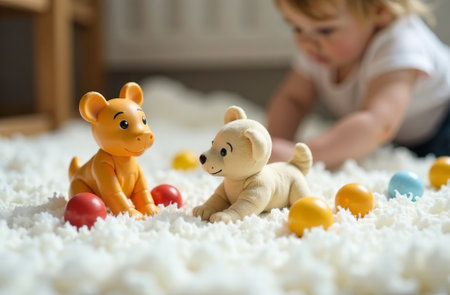 AI Generative Children's playroom, colorful toys lying on white carpet in the bedroomの素材