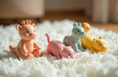 AI Generative Children's playroom, colorful toys lying on white carpet in the bedroomの素材