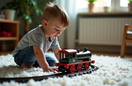 AI Generative Toy train on white carpet in playroom, child playing with the railroadの素材