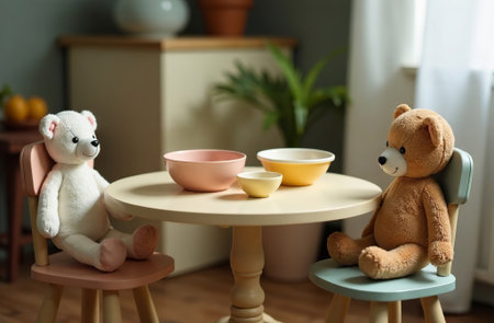 AI Generative Toy teddy bear sitting at children's table, tea party gameの素材