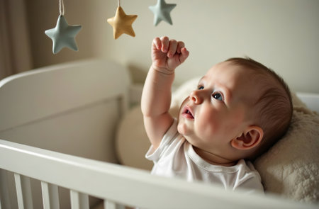 AI Generative Mobile over crib, newborn touching toys with hand, children roomの素材