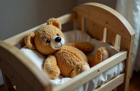 AI Generative Teddy bear lying in crib, stuffed toy in children's bedroomの素材