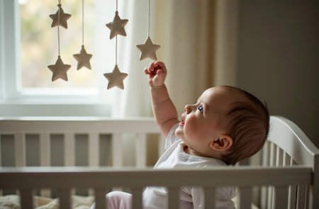 AI Generative Mobile over crib, newborn touching toys with hand, children roomの素材